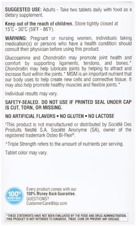 Berkley Jensen Suplemento para Articulaciones Triple Fuerza Glucosamina, Condroitina, MSM y Boswellia 2703 mg, 200 Tabletas, Certificado NSF - imagen 5