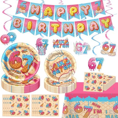 Decoraciones para Fiesta de Cumpleaños 6 y 7 Años, Incluye Platos de Papel, Servilletas, Banner, Espirales Colgantes y Mantel para Niños y Niñas - imagen 1