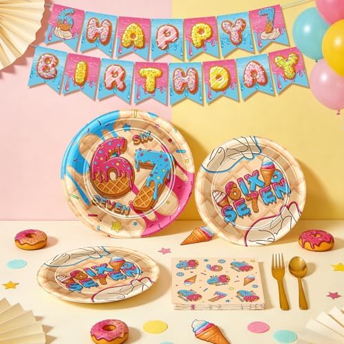 Decoraciones para Fiesta de Cumpleaños 6 y 7 Años, Incluye Platos de Papel, Servilletas, Banner, Espirales Colgantes y Mantel para Niños y Niñas - imagen 3