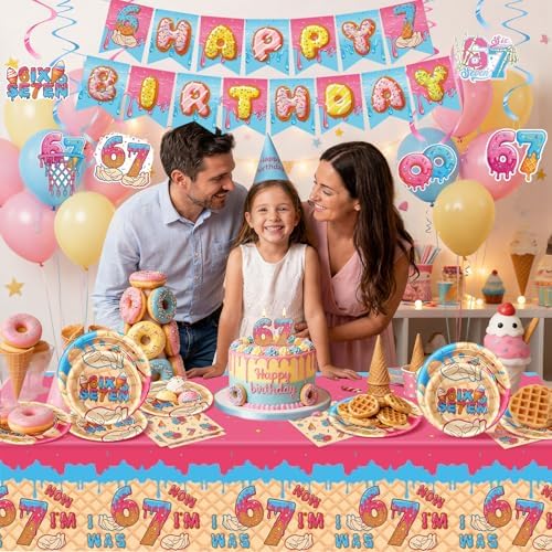 Decoraciones para Fiesta de Cumpleaños 6 y 7 Años, Incluye Platos de Papel, Servilletas, Banner, Espirales Colgantes y Mantel para Niños y Niñas - imagen 4