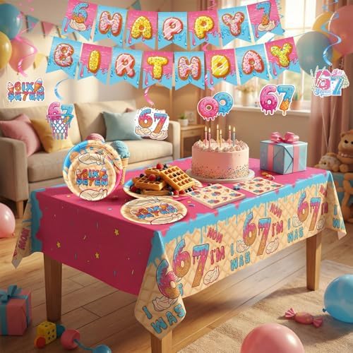 Decoraciones para Fiesta de Cumpleaños 6 y 7 Años, Incluye Platos de Papel, Servilletas, Banner, Espirales Colgantes y Mantel para Niños y Niñas - imagen 6