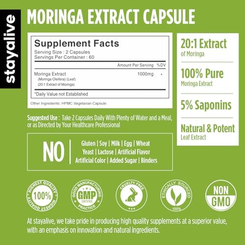 Cápsulas de Moringa STAY ALIVE 1000mg, Extracto 20:1, 120 Píldoras, Superalimento Verde, 100% Puro, Suplemento Natural, Sin OGM y Sin Gluten, 2 Meses - imagen 2