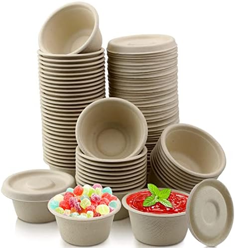Vmiapxo 100 Sets de Vasitos de Fibra de Bagazo de 2oz con Tapa, Contenedores Desechables Compostables para Salsas y Degustación de Snacks - imagen 1
