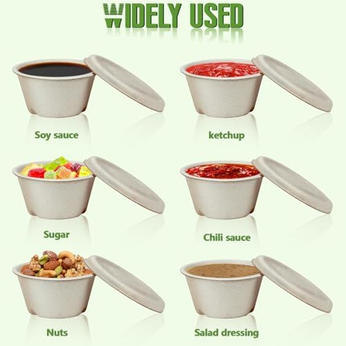 Vmiapxo 100 Sets de Vasitos de Fibra de Bagazo de 2oz con Tapa, Contenedores Desechables Compostables para Salsas y Degustación de Snacks - imagen 4