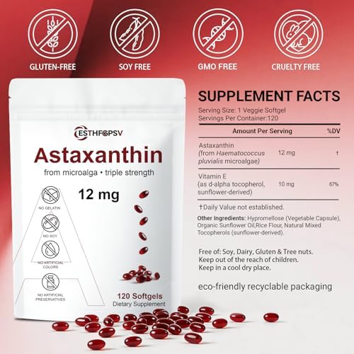 Suplemento Antioxidante ESTHFGPSV Premium Astaxantina 12mg con Vitamina E – 120 Softgels, Suministro para 4 Meses, Fuente de Microalgas, Apoya la - imagen 2