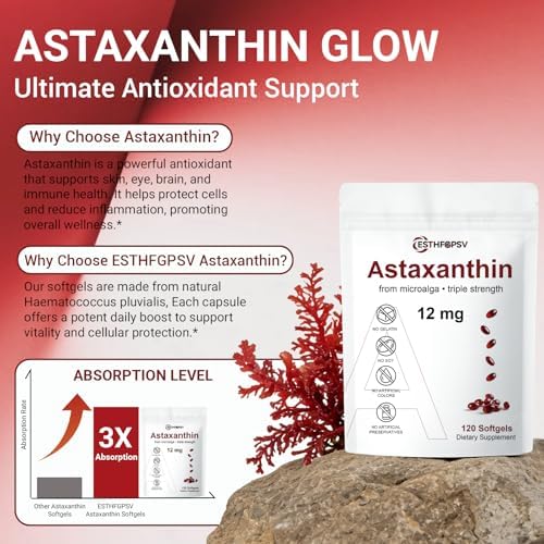 Suplemento Antioxidante ESTHFGPSV Premium Astaxantina 12mg con Vitamina E – 120 Softgels, Suministro para 4 Meses, Fuente de Microalgas, Apoya la - imagen 4