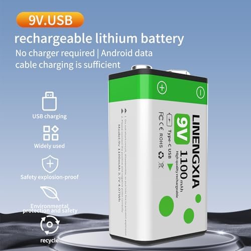 Baterías Recargables de Litio LINENGXIA 9V 1100mAh (Paquete de 2, Verde) con Cable Tipo-C | 1200 Ciclos de Vida | Protección contra Sobrecarga y - imagen 2