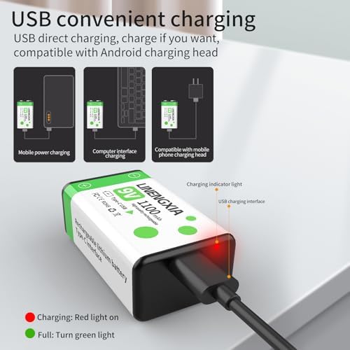 Baterías Recargables de Litio LINENGXIA 9V 1100mAh (Paquete de 2, Verde) con Cable Tipo-C | 1200 Ciclos de Vida | Protección contra Sobrecarga y - imagen 4