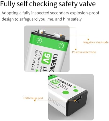 Baterías Recargables de Litio LINENGXIA 9V 1100mAh (Paquete de 2, Verde) con Cable Tipo-C | 1200 Ciclos de Vida | Protección contra Sobrecarga y - imagen 7