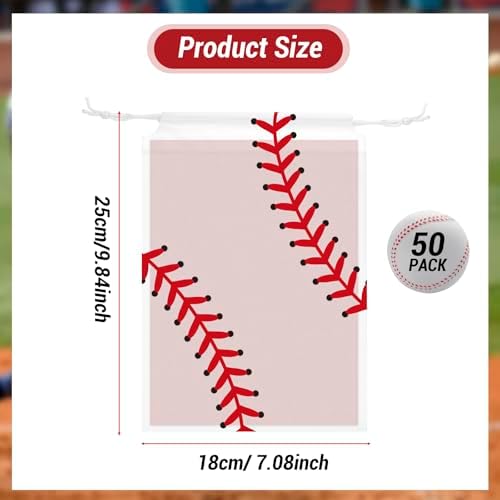Paquete de 50 Bolsas de Merienda de Béisbol con Cuerda para Fiesta, Bolsas de Regalo Translúcidas de Béisbol, 7.08 x 9.84 Pulgadas, Suministros para - imagen 2