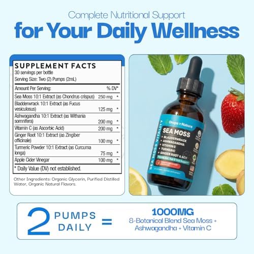 Gotas Líquidas de Ashwagandha y Cúrcuma - Vitamina C, Musgo Marino, Vinagre de Manzana, Bladderwrack - Gotas Veganas para Bienestar Integral y - imagen 3