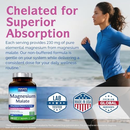 Magnesio Malato Innate Vitality, 230mg Mag Elemental, Chelado Completo, Máxima Absorción y Biodisponibilidad, No GMO, Energía, Recuperación, Soporte - imagen 4