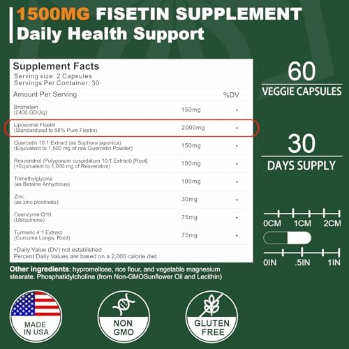 Suplemento de Fisetina Liposomal 2000MG, 98% Puro, Antioxidantes de Polifenoles, con Quercetina, TMG y Resveratrol, 60 Cápsulas para el - imagen 2