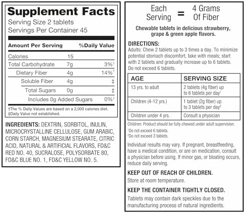 Suplemento de Fibra Diaria Chewable Premium Choice Co Equate – 90 Tabletas, Sin Azúcar, Fibra Prebiótica para la Salud Digestiva, Sabor Frutas - imagen 2