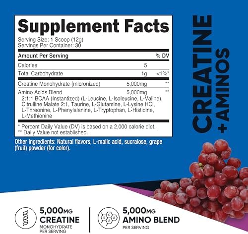 Nutricost Creatina + Aminoácidos 30 Porciones (Sabor Uva) - 5,000mg de Creatina Monohidratada + 5,000mg de Mezcla de Aminoácidos BCAA por Porción - imagen 2
