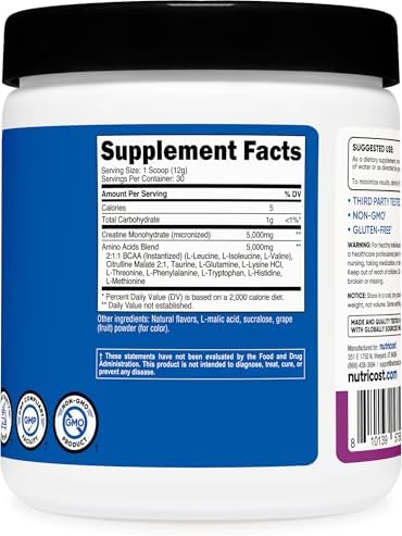 Nutricost Creatina + Aminoácidos 30 Porciones (Sabor Uva) - 5,000mg de Creatina Monohidratada + 5,000mg de Mezcla de Aminoácidos BCAA por Porción - imagen 5