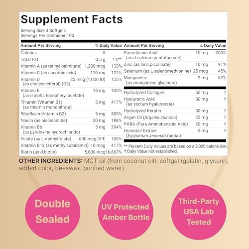 Vitaminas NatureBell para Cabello, Piel y Uñas para Mujeres – 5000mcg de Biotina, Colágeno, Queratina, Ácido Hialurónico, Aceite de Argán y Complejo - imagen 2