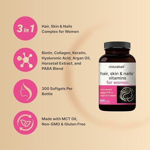 Vitaminas NatureBell para Cabello, Piel y Uñas para Mujeres – 5000mcg de Biotina, Colágeno, Queratina, Ácido Hialurónico, Aceite de Argán y Complejo - imagen 3