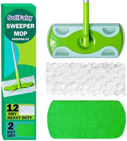 Kit de trapeador SoliFairy 2 en 1, incluye mango de 51, 12 paños desechables y 2 almohadillas reutilizables para barrer y trapear. - imagen 1