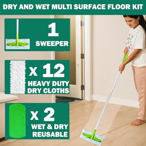 Kit de trapeador SoliFairy 2 en 1, incluye mango de 51, 12 paños desechables y 2 almohadillas reutilizables para barrer y trapear. - imagen 2