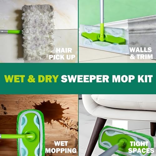 Kit de trapeador SoliFairy 2 en 1, incluye mango de 51, 12 paños desechables y 2 almohadillas reutilizables para barrer y trapear. - imagen 3