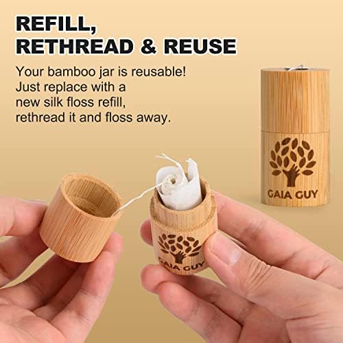 Hilo dental de seda natural sin sabor Gaia Guy con recarga y soporte de bambú reutilizable | 2 x 30 m de seda pura compostable con cera de candelilla - imagen 5