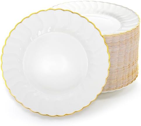 Platos Desechables Coloch de Plástico Dorado, 50 Piezas, 6 Pulgadas, Blancos con Bisel Dorado para Bodas, Buffets, Fiestas y Catering - imagen 1