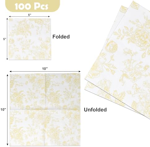 100 Servilletas Desechables de Papel Amarillas y Blancas con Flores para Cócteles - Decoración de Primavera para Bodas, Fiestas de Cumpleaños y Baby - imagen 2