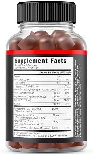 Gomitas de Testosterona para Hombres (60 piezas) - Suplemento Premium para Aumentar Testosterona, Apoya Fuerza, Resistencia y Rendimiento - Vegano, - imagen 3