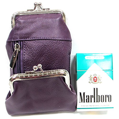 Estuche de Cuero Genuino Deluxe para Cigarrillos y Encendedor con Cierre de Cremallera y Broche, Ajuste para 100's - Morado - imagen 2