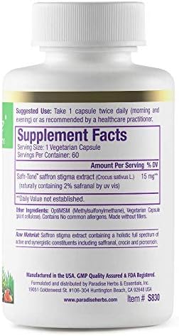 Saffr-Tone de Paradise Herbs, Extracto de Azafrán, Extracto Completo, Súper Potente, Ultra Puro, Vegano, No Transgénico, Sin Gluten, 60 Cápsulas - imagen 7
