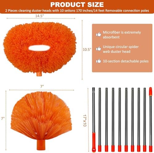 Kit de limpieza de alta alcance de 20+ pies, plumero para telarañas y ventiladores de techo con poste extensible de 3-14 pies, plumero de microfibra - imagen 2