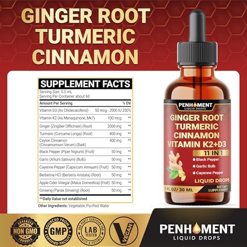 Extracto Líquido Penhoment 11 en 1 con Jengibre, Cúrcuma, Canela de Ceilán, Vitamina D3, K2, Berberina, Ajo y Pimienta Negra - 1 FL Oz - Suministro - imagen 2