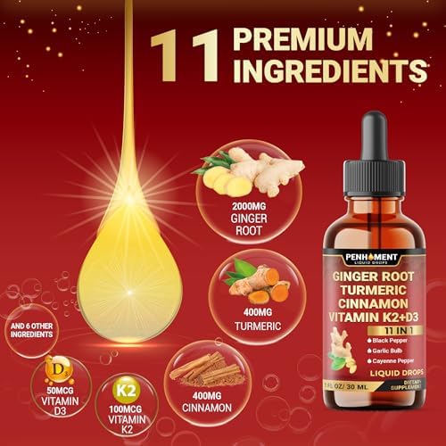 Extracto Líquido Penhoment 11 en 1 con Jengibre, Cúrcuma, Canela de Ceilán, Vitamina D3, K2, Berberina, Ajo y Pimienta Negra - 1 FL Oz - Suministro - imagen 3