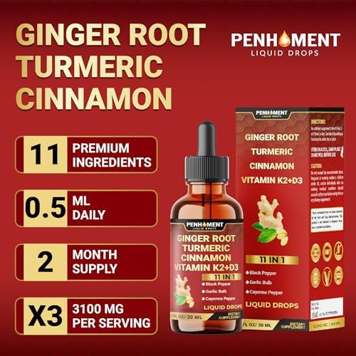 Extracto Líquido Penhoment 11 en 1 con Jengibre, Cúrcuma, Canela de Ceilán, Vitamina D3, K2, Berberina, Ajo y Pimienta Negra - 1 FL Oz - Suministro - imagen 5