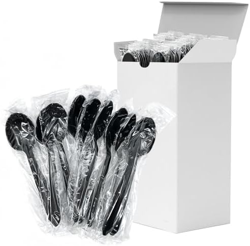 Cucharas de Plástico Desechables Individualmente Envuelta, Resistentes para Fiestas, Restaurantes, Viajes y Postres (100, Negros) - imagen 1