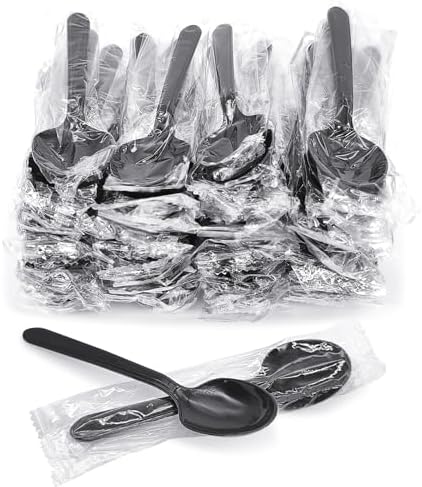 Cucharas de Plástico Desechables Individualmente Envuelta, Resistentes para Fiestas, Restaurantes, Viajes y Postres (100, Negros) - imagen 2
