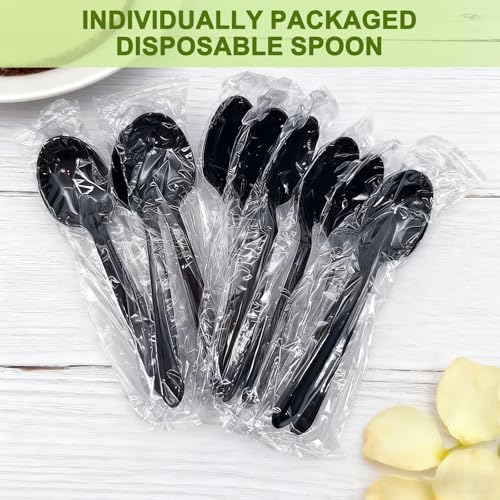 Cucharas de Plástico Desechables Individualmente Envuelta, Resistentes para Fiestas, Restaurantes, Viajes y Postres (100, Negros) - imagen 8