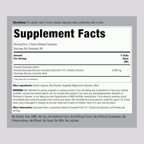 Cápsulas de Graviola Piping Rock | 120 Contenido | Suplemento de Hoja | Extracto Herbal Concentrado | Sin OGM, Sin Gluten - imagen 2