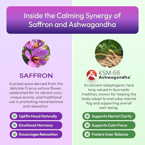 Suplemento de Ashwagandha y Azafrán – Contiene KSM 66 y Extracto de Azafrán – Vegano, Sin Gluten, Sin OGM – Suplemento Herbal Diario para Enfoque, - imagen 5