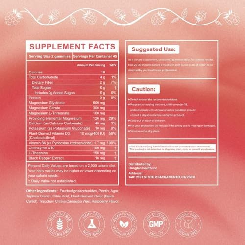 Gomitas de Magnesio Glicinato 400mg de Alta Absorción con Citrato, L-Treonato 600mg, CoQ10, Vitamina D3 y B6 - Sin Azúcar, 90 piezas - imagen 2