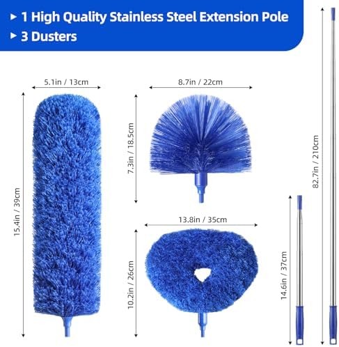 Duster de Microfibra para Ventiladores de Techo Alto, Extensible de 15-82 Pulgadas, Kit Reutilizable con 3 Cabezas para Limpiar Persianas, Puertas y - imagen 2