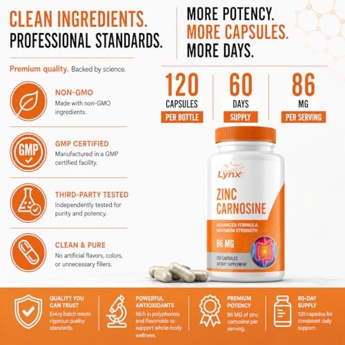 Zinc Carnosina 86 mg – Complejo Clínicamente Estudiado de Zinc + L-Carnosina para el Soporte del Estómago | 120 Cápsulas (Suministro de 60 Días) | - imagen 4