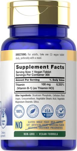 Carlyle B1 Vitamina 100mg | 300 Tabletas | Suplemento Vegano y Sin Gluten para Hombres y Mujeres | Thiamina HCl - imagen 2