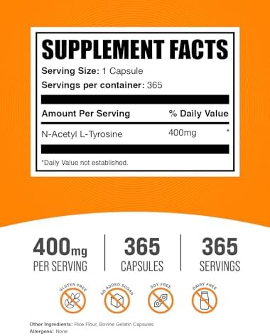 Cápsulas de N-Acetil L-Tirosina de BulkSupplements.com - Suplemento de Tirosina, Aminoácido, Libre de Gluten, 365 Cápsulas - imagen 2