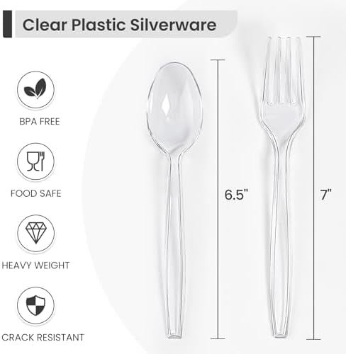 Set de Utensilios Desechables de Plástico (300 Piezas) - Cuchillos, Tenedores y Cucharas de Plástico Resistente para Bodas y Uso Diario - Transparente - imagen 2