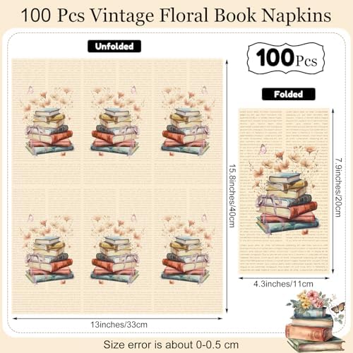 Pajean 100 Pzs Servilletas Vintage para Club de Lectura, Decoración de Fiesta con Tema de Libros, Servilletas de Flores Silvestres para Bodas y - imagen 2