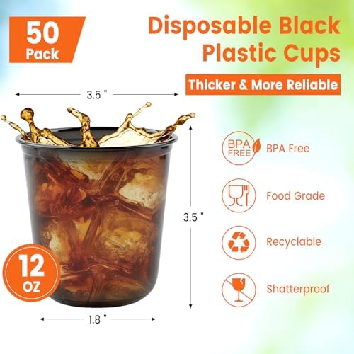 Vasos de Plástico Negro Jycnolm, 50 Pzs, 12 Oz, Copas de Vino Desechables Sin Tallo para Fiestas, Reuniones y Cumpleaños - imagen 2