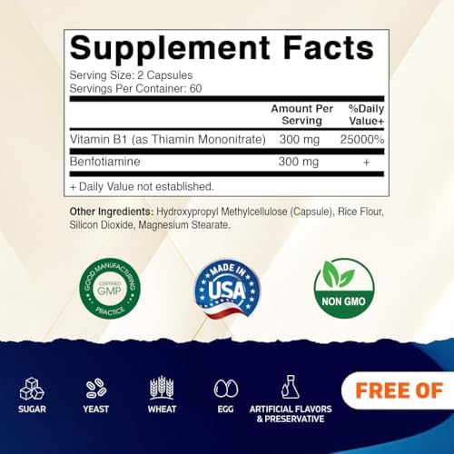 Vitamatic Benfotiamina 300mg + Vitamina B1 300mg - 120 Cápsulas Vegetales - Hecho en EE. UU. - Sin Gluten - No Transgénico - imagen 2