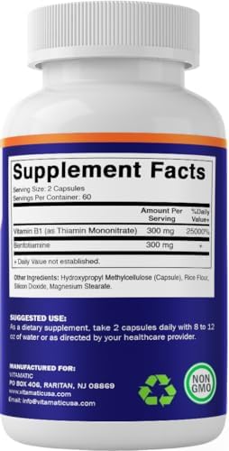 Vitamatic Benfotiamina 300mg + Vitamina B1 300mg - 120 Cápsulas Vegetales - Hecho en EE. UU. - Sin Gluten - No Transgénico - imagen 8